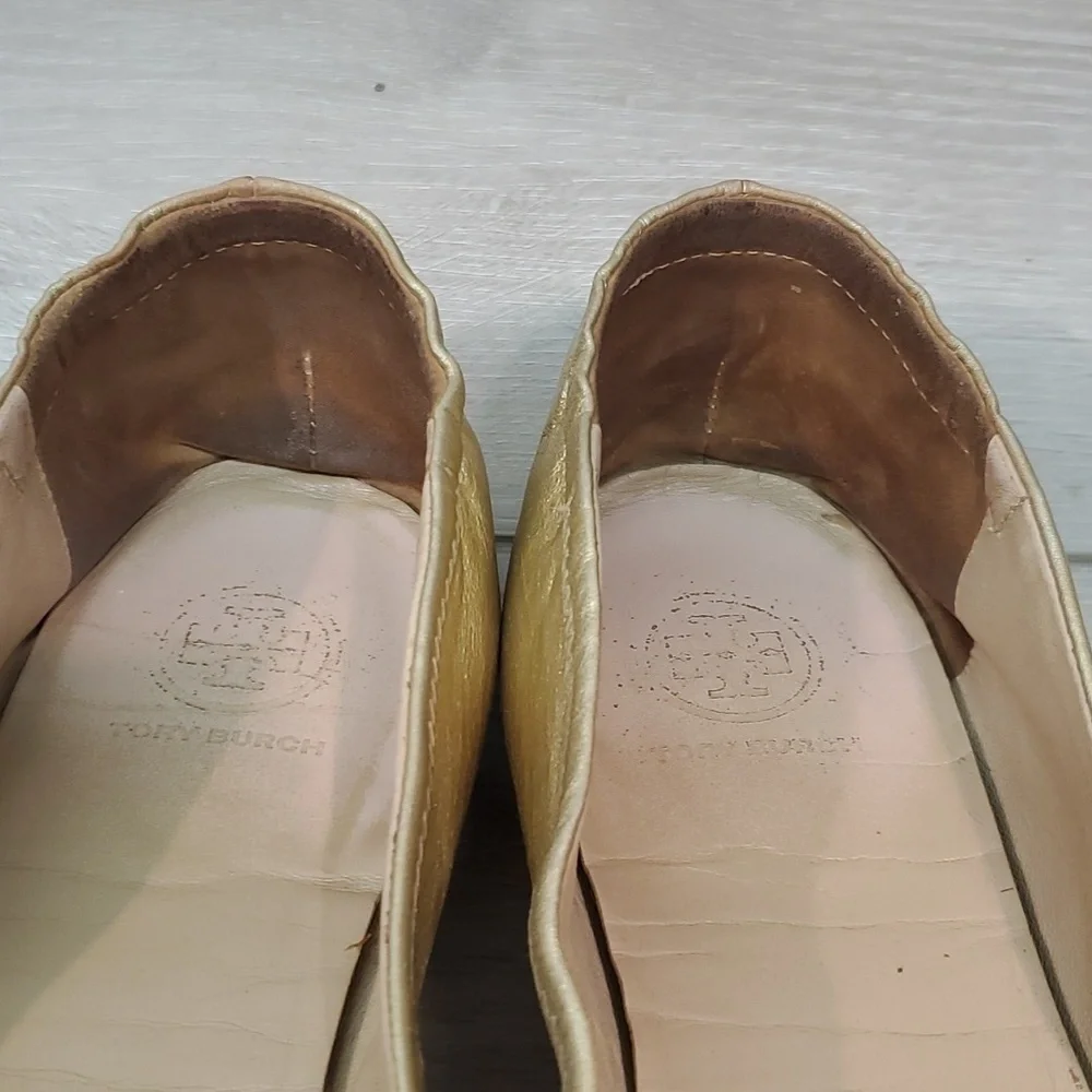 Tory Burch Women Logo Metallic MinnieLeather Gold Loafer Flat Ballet shoes sz 9M